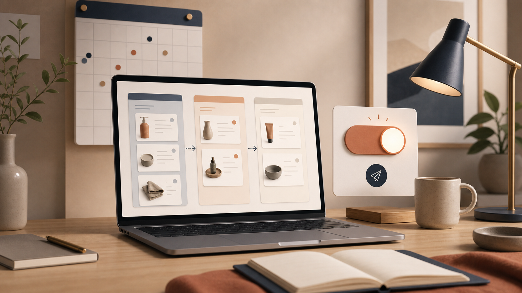 Shopify workflow with a publish toggle and scheduled review steps