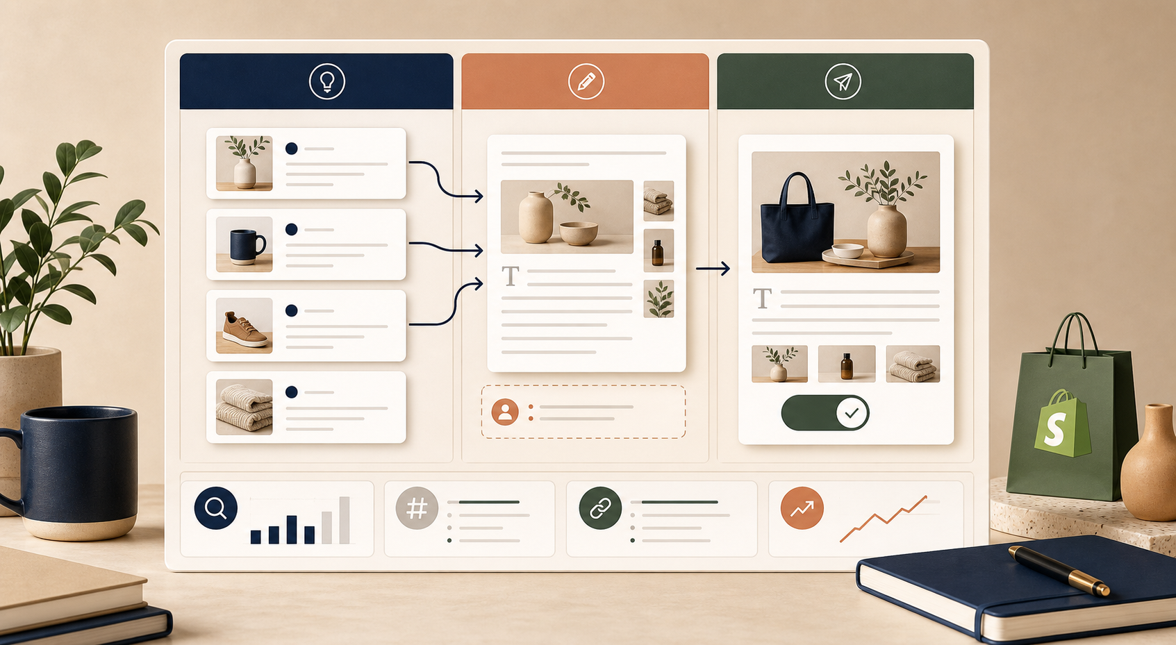 Product-aware Shopify content workflow from catalog to draft to schedule