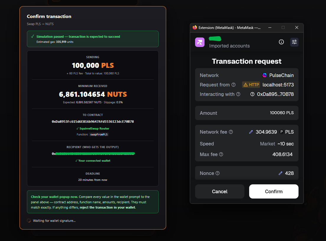 SquirrelSwap pre-sign confirmation panel: simulation passed badge, contract address with SquirrelSwap Router label, recipient validated as connected wallet, side-by-side MetaMask popup for comparison