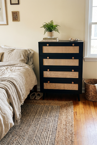 Compact Wovena black chest of drawers for bedroom rattan texture.png