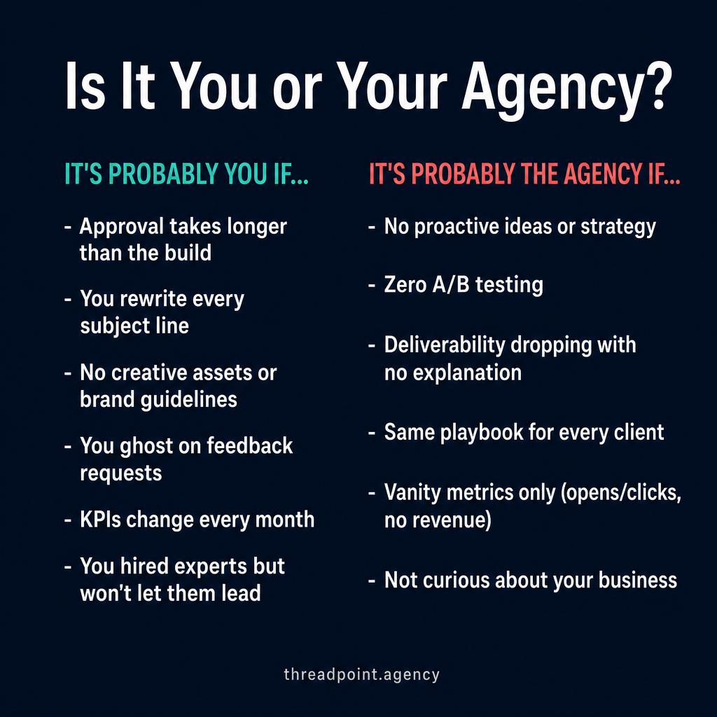Is It You or Your Agency? A comparison checklist showing brand-side vs agency-side red flags in email marketing partnerships