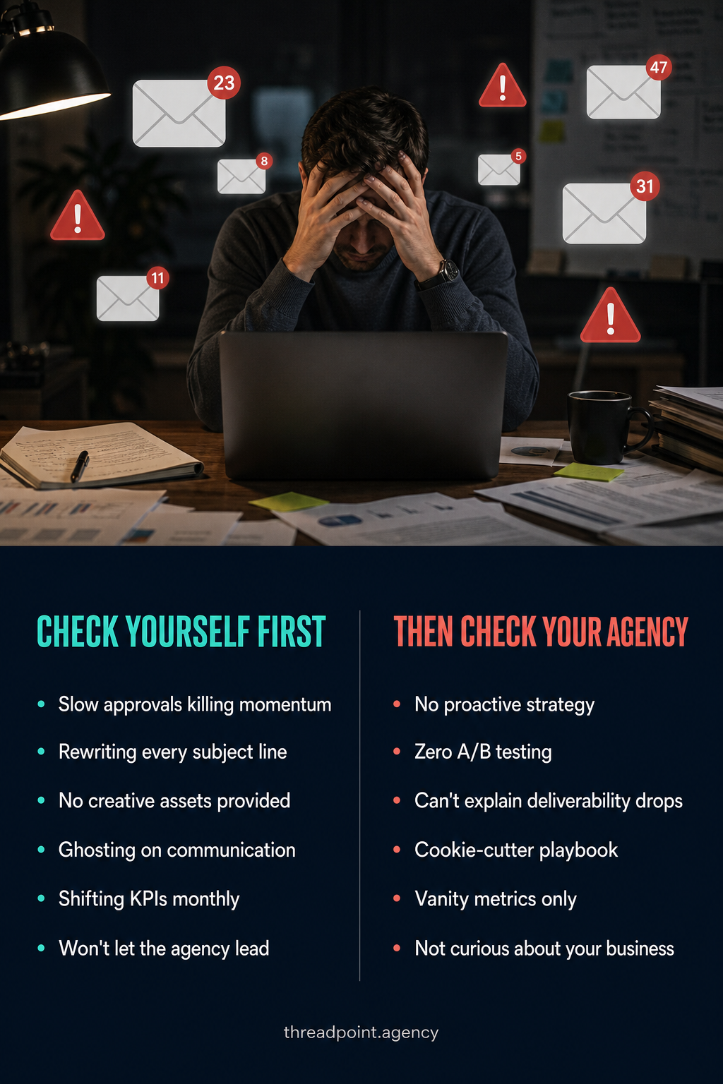 Check Yourself First vs Then Check Your Agency - visual infographic with frustrated founder and email marketing partnership checklist