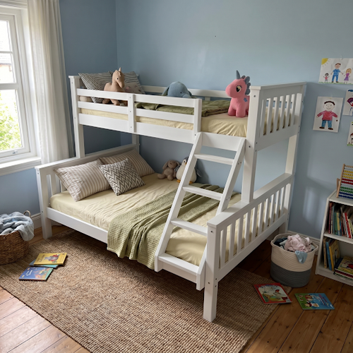 White Bunk Bed with Double on Bottom and Side Ladder.png