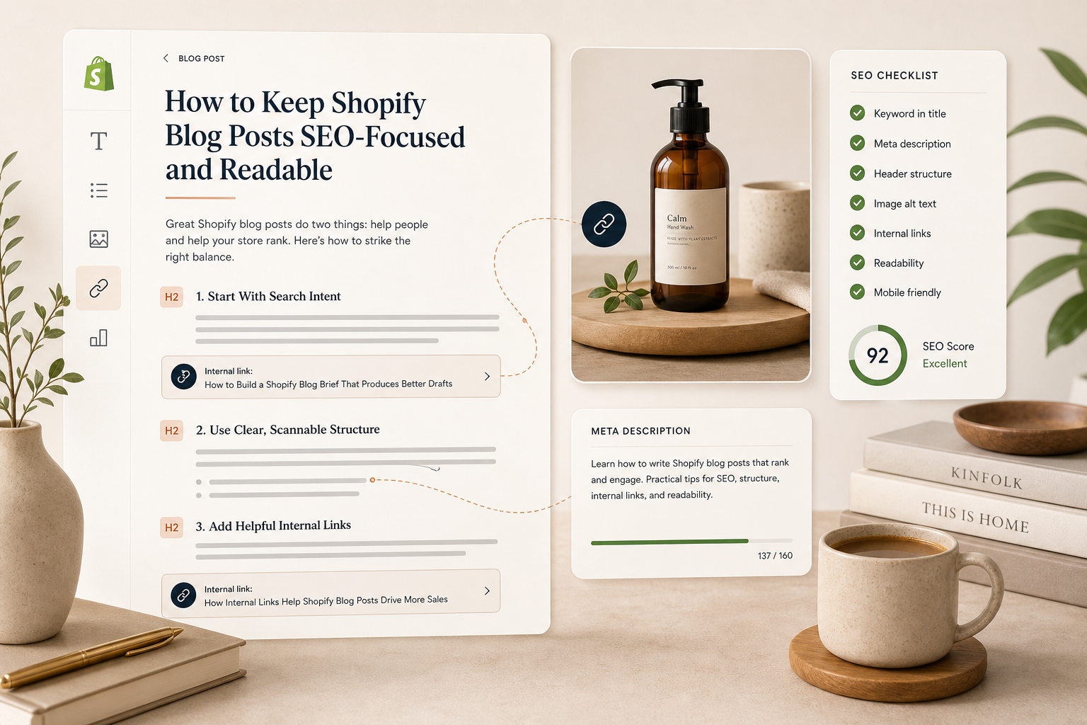 Shopify SEO article layout with headings, internal links, and product callouts