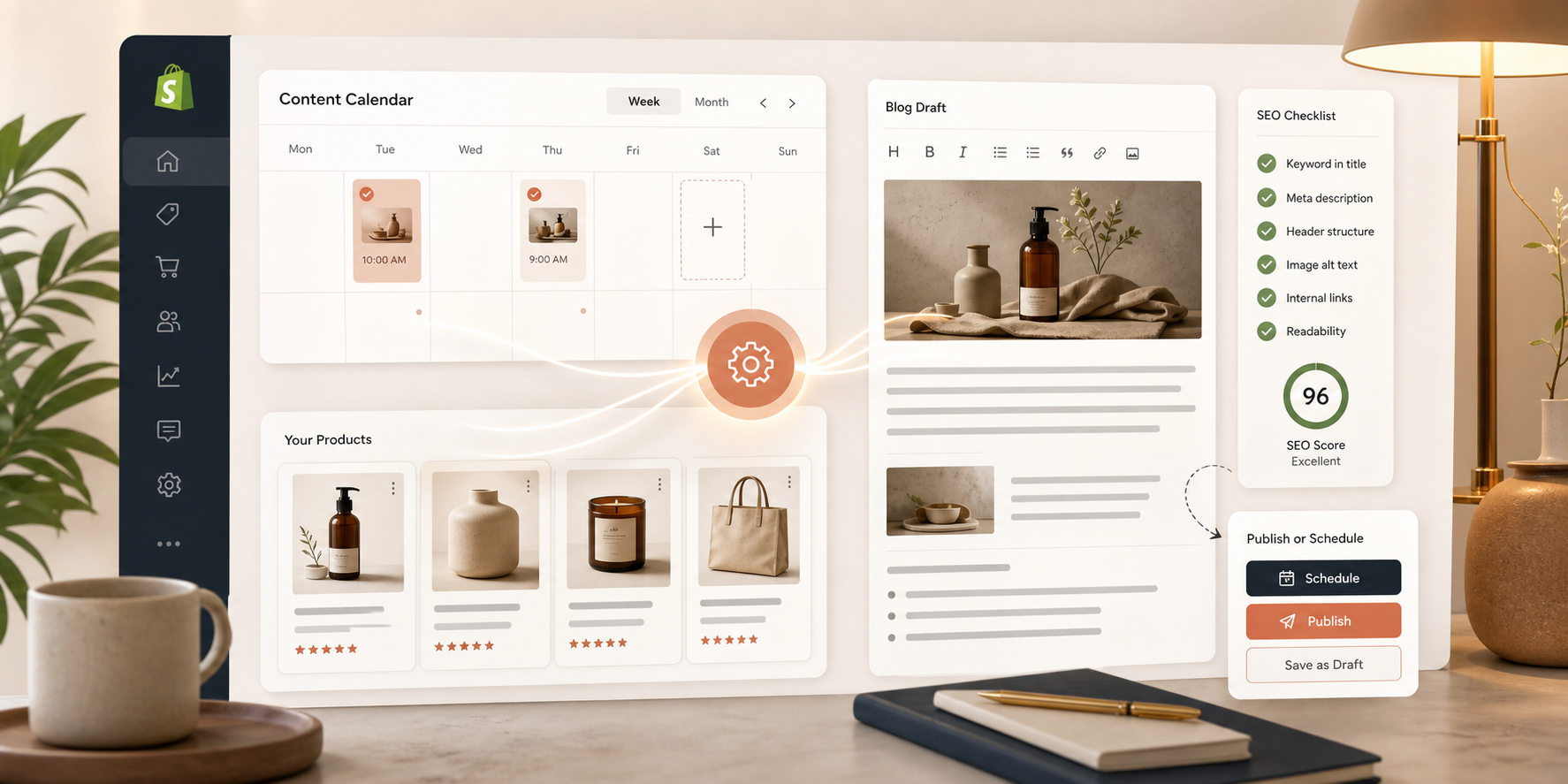 Shopify blog automation dashboard with calendar, product cards, and workflow tiles