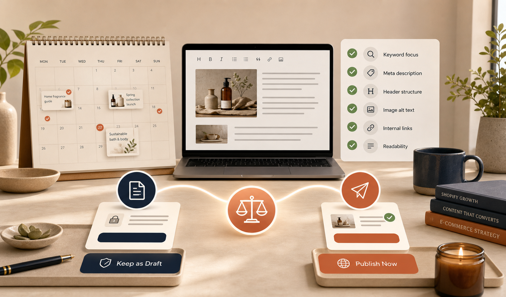 Draft review and publishing checklist for a Shopify blog post workflow