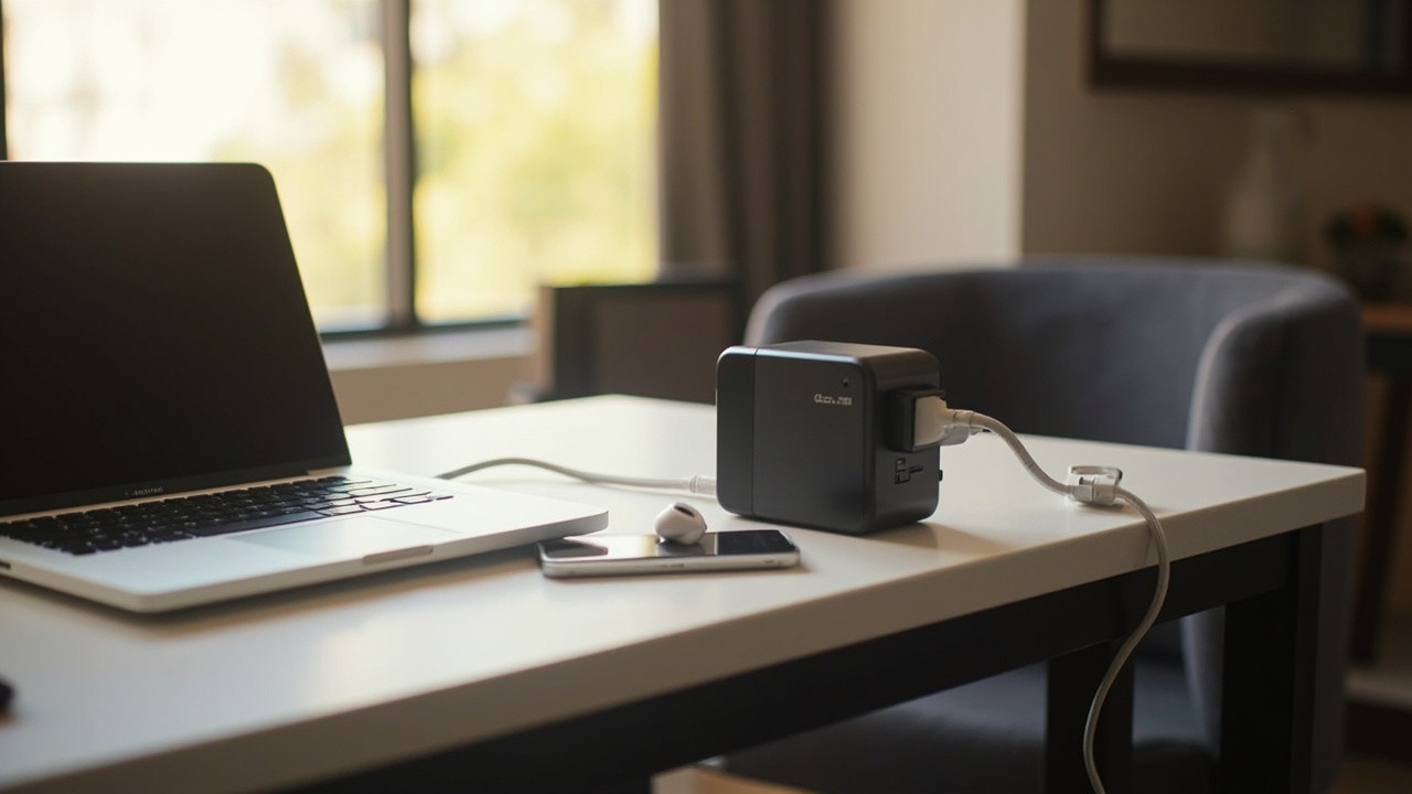 Minimal travel desk setup with GaN charger powering MacBook, iPhone, and AirPods