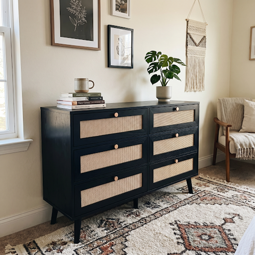 Wovena Black Rattan Six Drawer Dresser.png