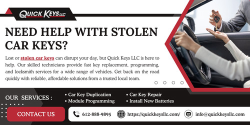 Lost or stolen car keys can disrupt your day, but Quick Keys LLC is here to help. Our skilled technicians provide fast key replacement, programming, and locksmith services for a wide range of vehicles. Get back on the road quickly with reliable, affordable solutions from a trusted local team.

https://quickkeysllc.com/someone-stole-my-keys-what-now/