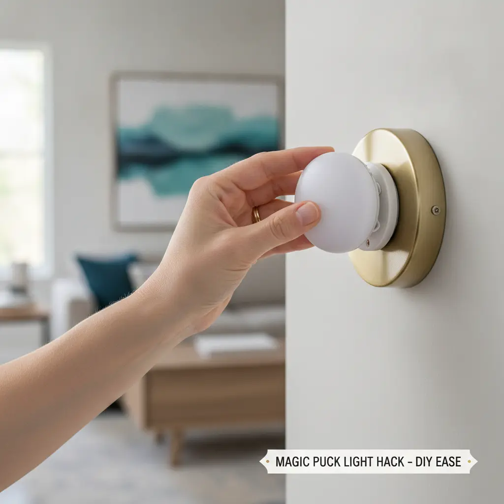 Close-up of a puck light being installed into a wireless wall sconce fixture with an adapter