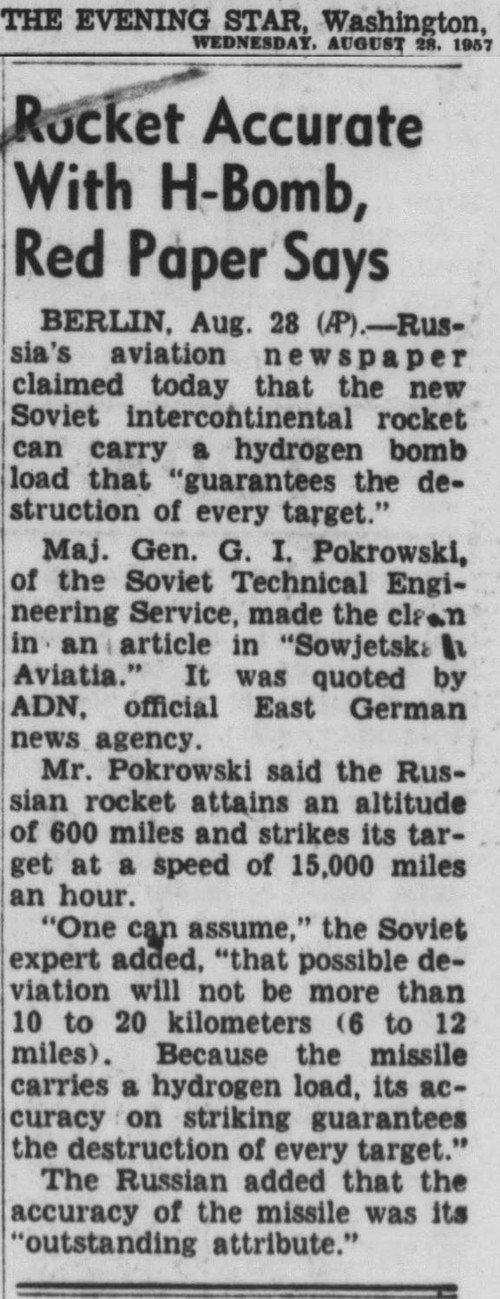 Soviet Rocket Accurate with H Bomb, Red Paper says (1957).jpg