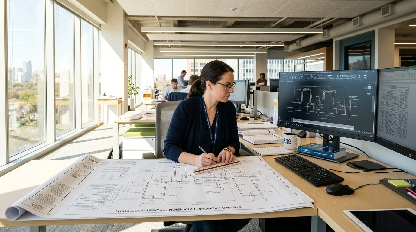 Mechanical engineering design coordinator reviewing pipe expansion loops and hydronic piping layouts at a modern AutoCAD workstation