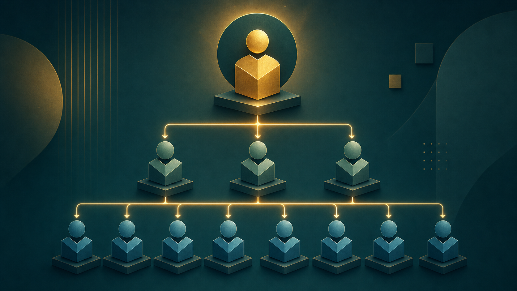 Abstract organizational hierarchy showing role-based access flowing from admin to staff to viewers