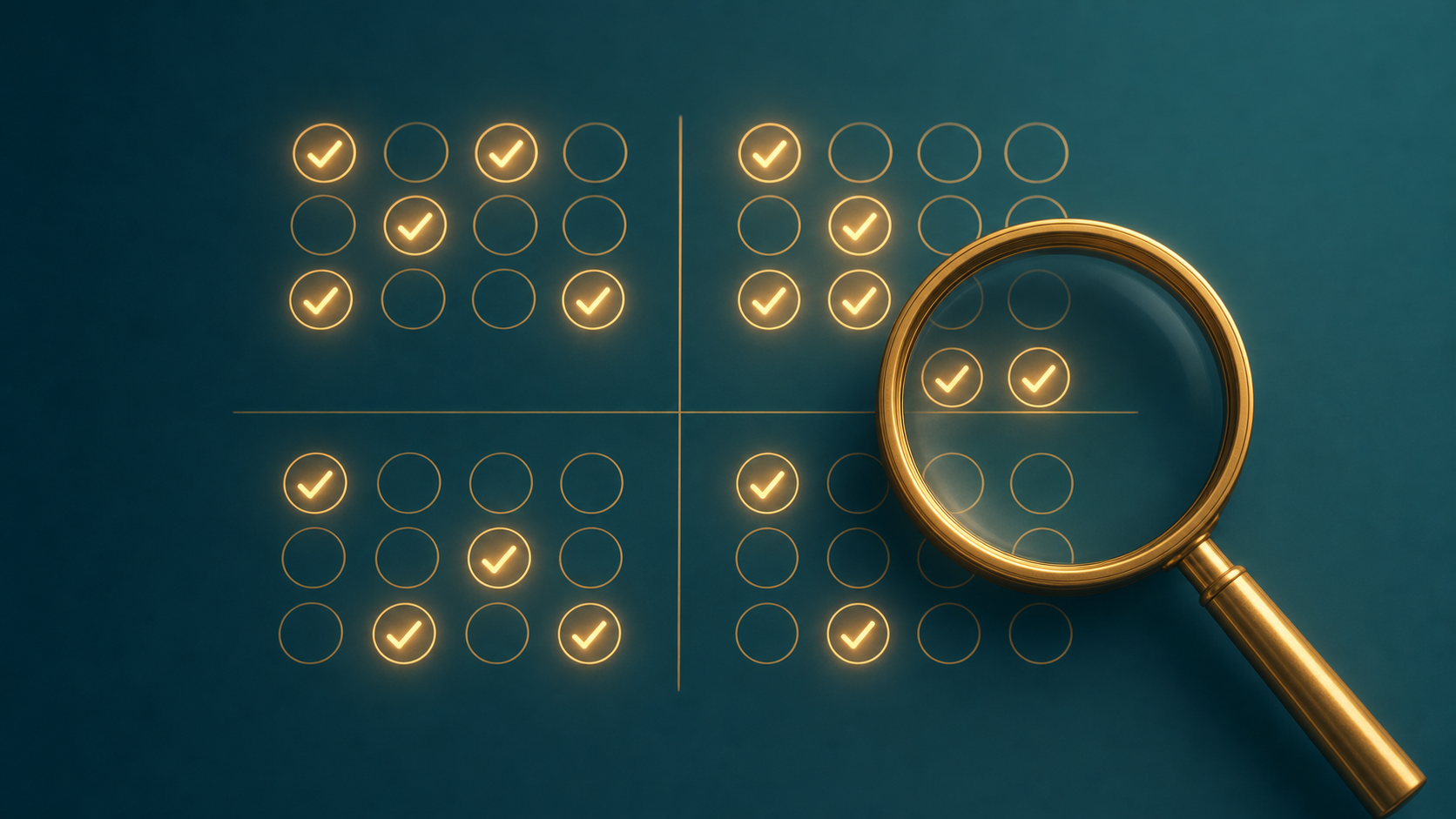 Quarterly permission audit represented as a grid of checkmarks reviewed under a magnifying glass