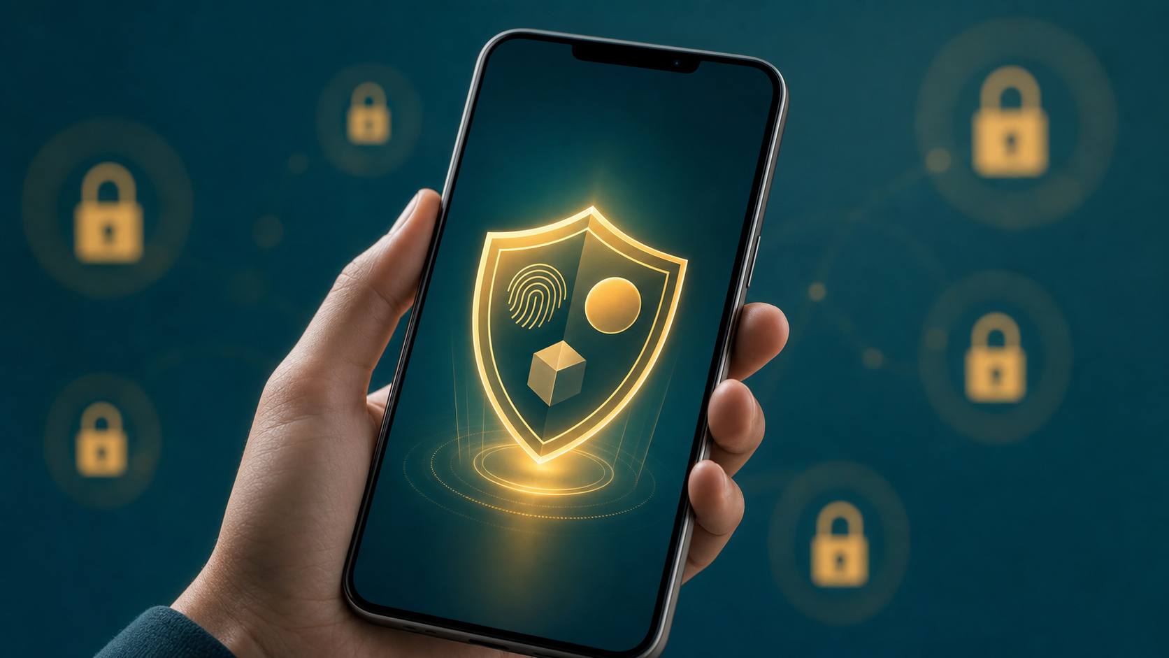 Smartphone displaying a multi-factor authentication shield surrounded by lock icons