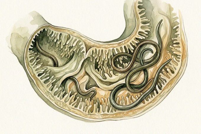 Cutaway illustration of a human intestine with parasitic worms coiled inside the gut lining