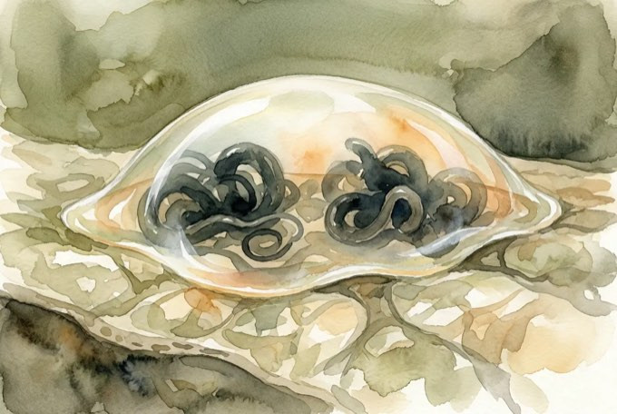 Watercolor illustration of parasites hidden beneath a translucent biofilm shield on the gut wall