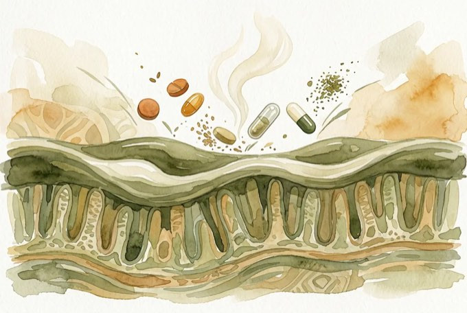Watercolor illustration of pills, fiber and tea bouncing off the biofilm shield, unable to break through