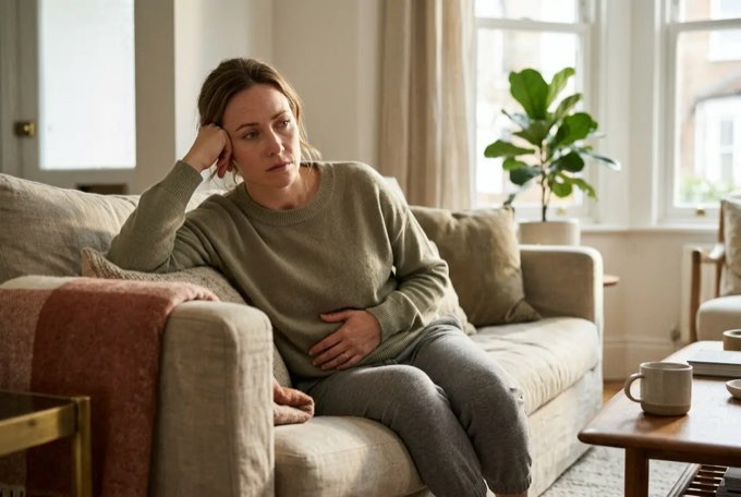 Tired woman sitting on her couch holding her stomach, dealing with symptoms she can't explain