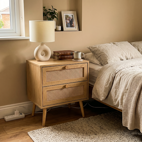 Bedside Table Option for Compact Nightstand Idea: Wovena Oak Finish Rattan.png