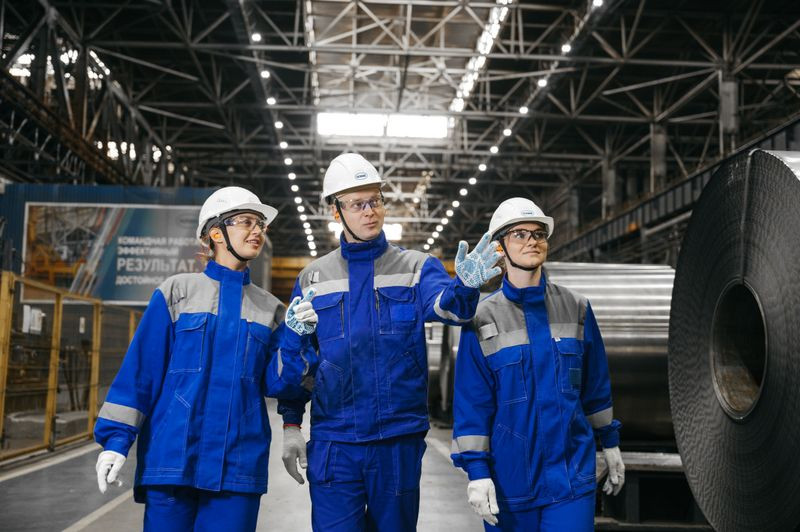 Diverse team of industrial workers in blue uniforms and white helmets - Staff Housing