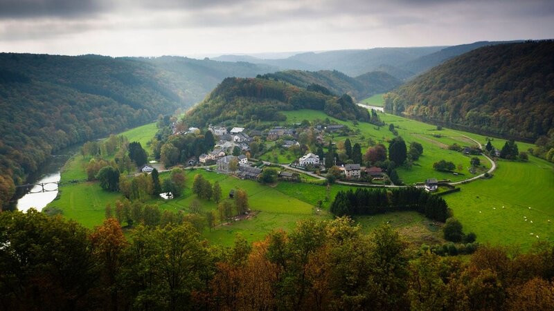 Panoramic view of rolling hills in the Belgian Ardennes