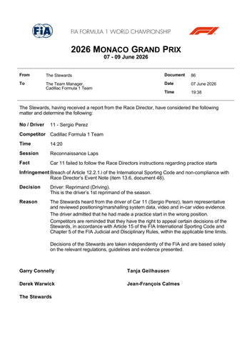 [Monaco GP]Doc 86 Infringement Car 11 Failing to follow Race Directors Event Notes Practice starts p.png