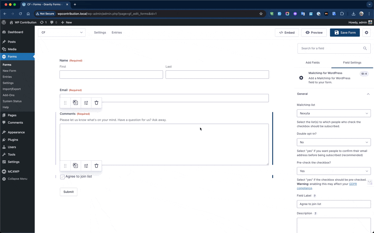 Gravity Forms form editor showing Mailchimp field label updating in real time