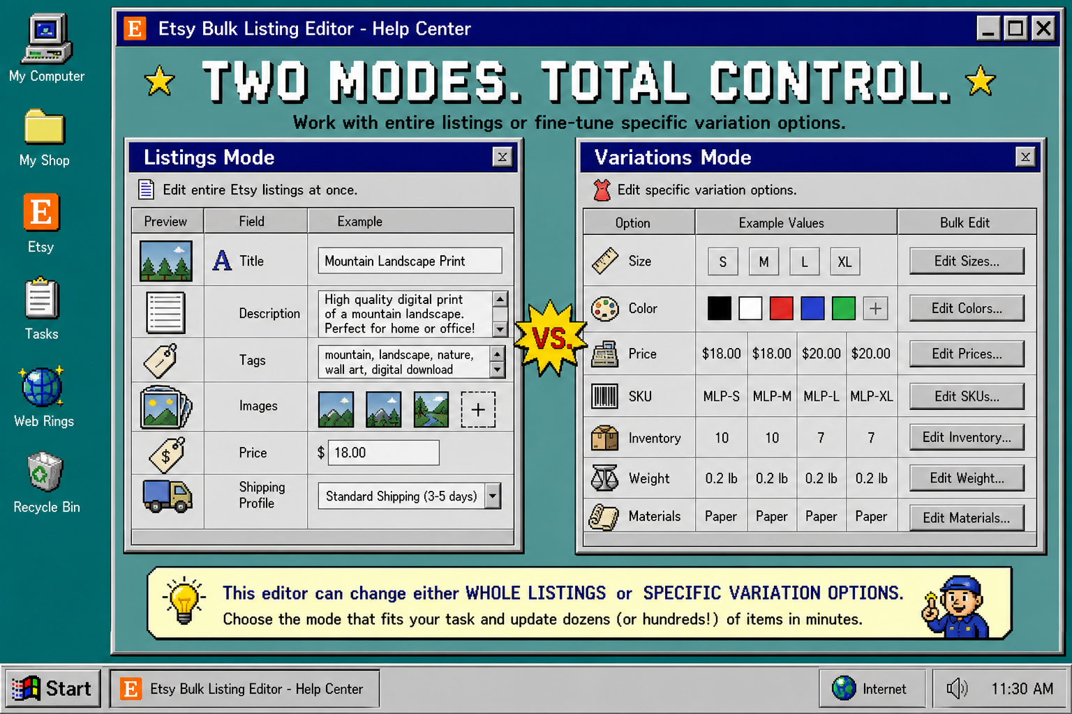 Listings mode and variations mode side by side in the Etsy bulk editor