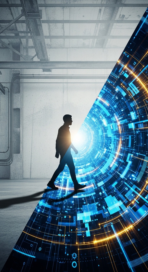 A graphic illustration of a person stepping from a gray industrial background into a vibrant blueand.jpg