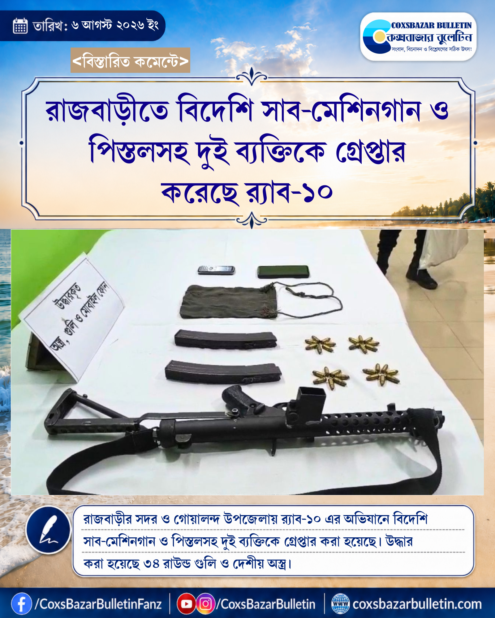 রাজবাড়ীতে বিদেশি সাব-মেশিনগান ও পিস্তলসহ দুই ব্যক্তিকে গ্রেপ্তার করেছে র্যাব-১০