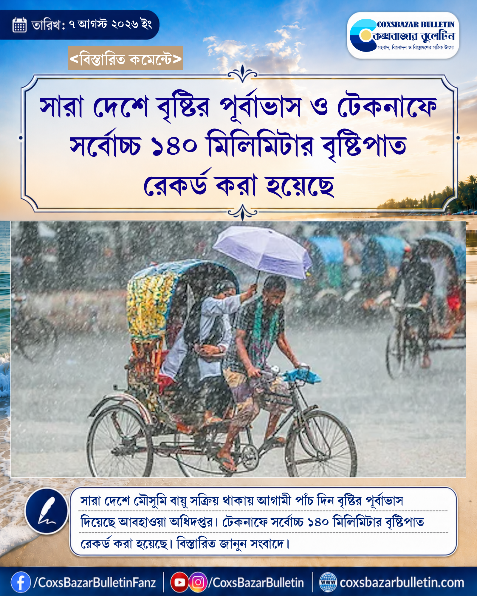 সারা দেশে বৃষ্টির পূর্বাভাস ও টেকনাফে সর্বোচ্চ ১৪০ মিলিমিটার বৃষ্টিপাত রেকর্ড করা হয়েছে