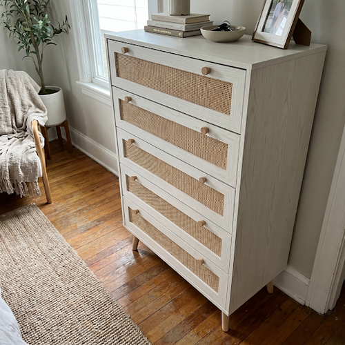 Wovena White 5 Drawer Rattan Option: Chest of Drawers Bedroom.png