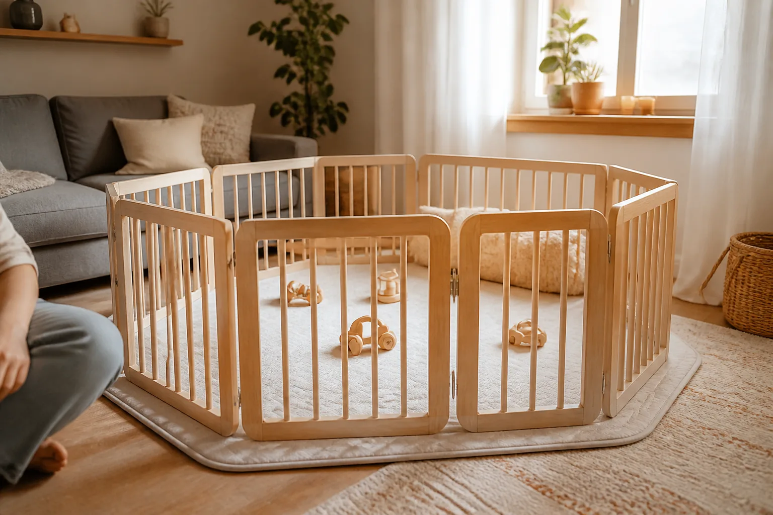Parc bébé modulable en bois clair installé dans un salon