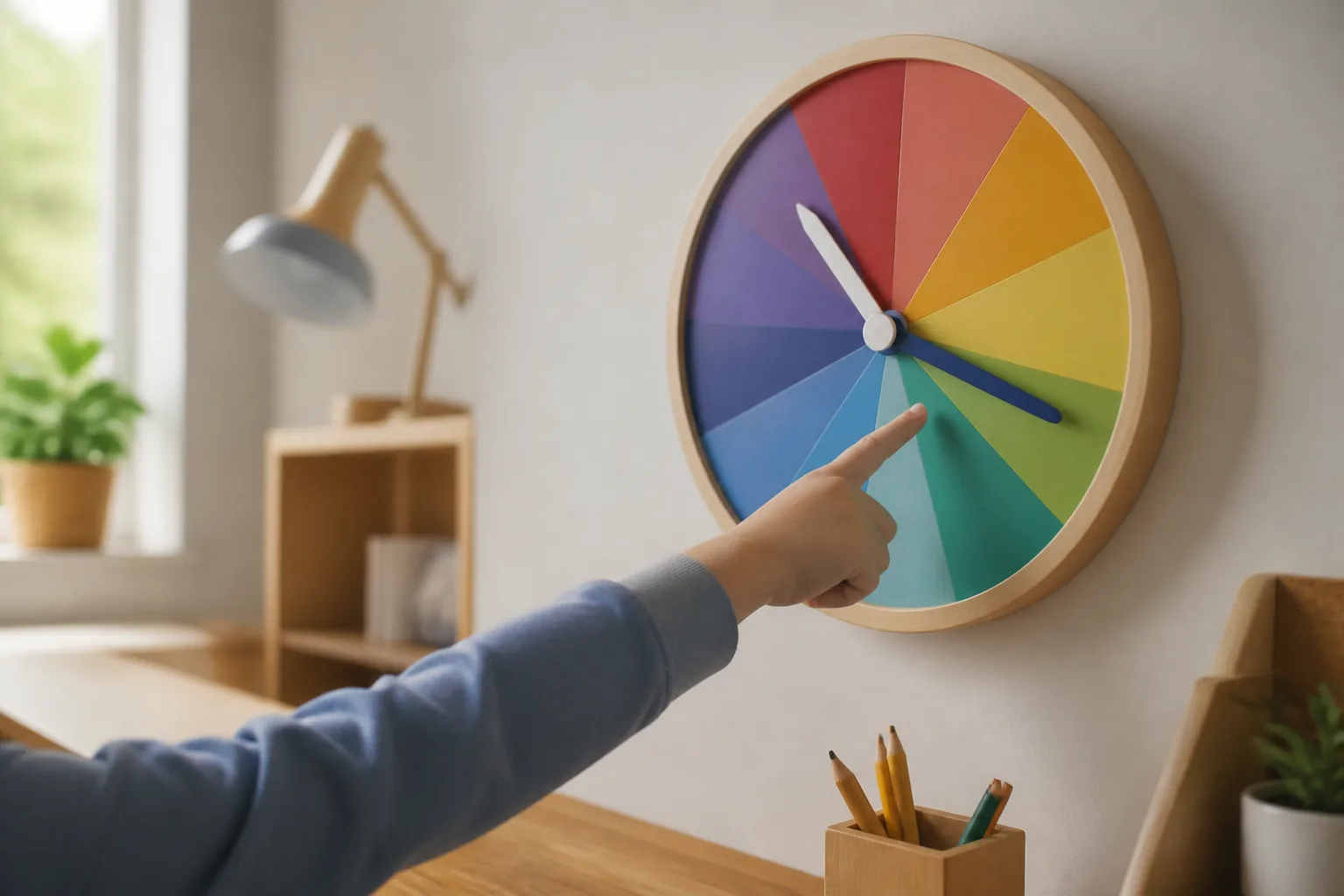 Horloge d'apprentissage à segments colorés sur un bureau en bois