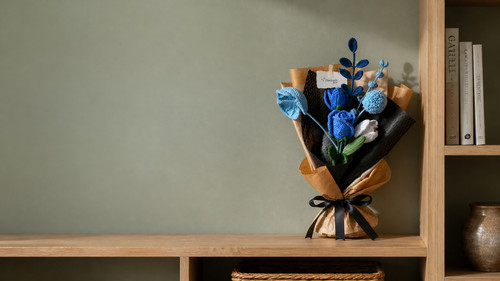 Blue Crochet Flower Bouquet on Shelf.jpg
