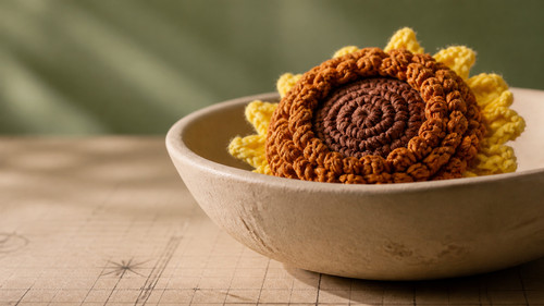 Handmade Crochet Sunflower in Wooden Bowl.jpg