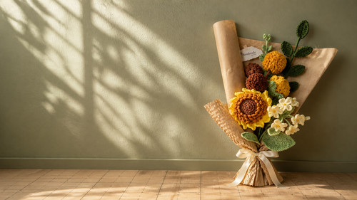 A beautifully wrapped handmade crochet sunflower bouquet in rustic craft paper, leaning against a solid sage green wall illuminated by natural sunlight and leaf shadows.