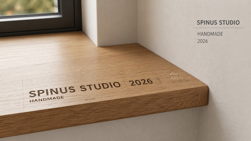 Close-up detail of a minimalist wooden shelf surface displaying the Spinus Studio 2026 branding, capturing natural light and clean architectural lines.