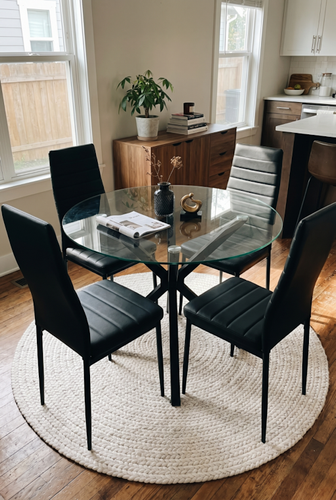 Skyra glass dining table and 4 black chairs around a round top.png