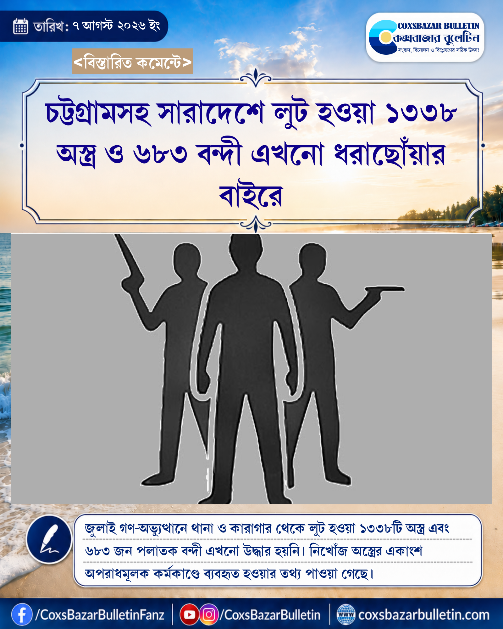 চট্টগ্রামসহ সারাদেশে লুট হওয়া ১৩৩৮ অস্ত্র ও ৬৮৩ বন্দী এখনো ধরাছোঁয়ার বাইরে