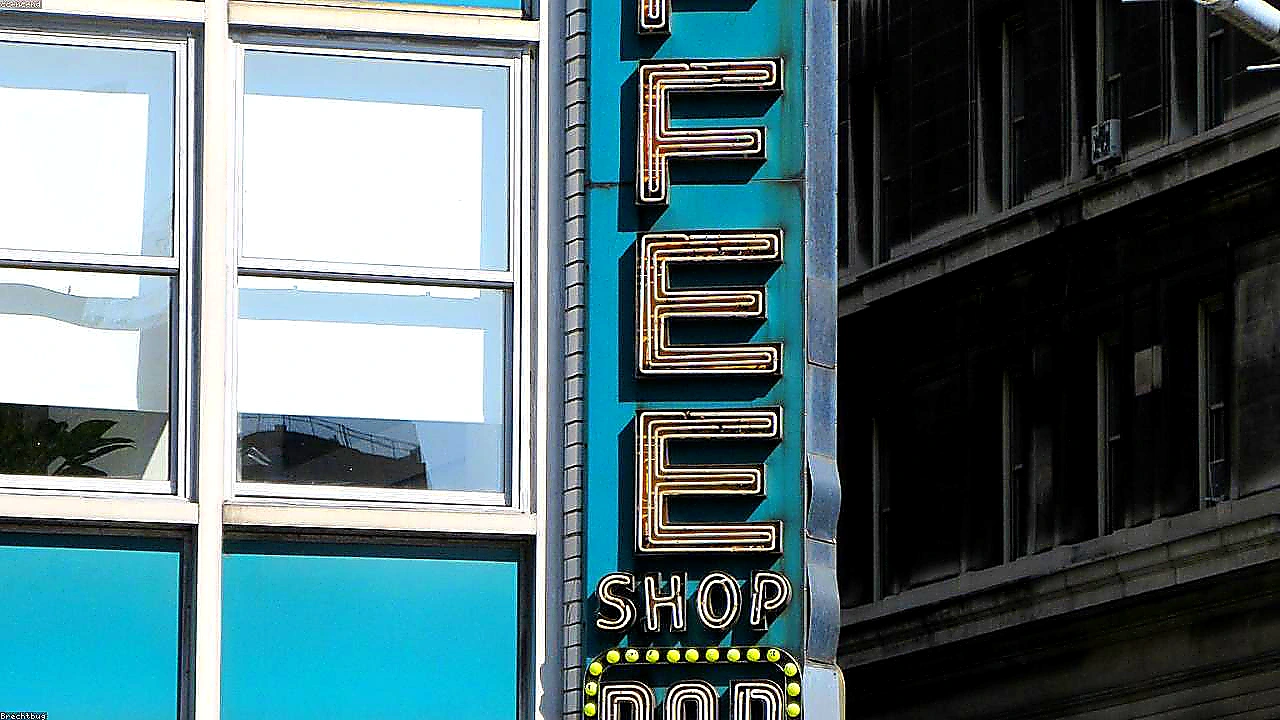 Sharp closing photo of a successful sunlit restaurant storefront with bold signage and a bright planning workspace visible inside