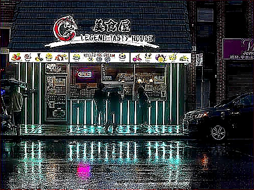 Bright colorful hero photo of a sunlit restaurant corner storefront with vibrant outdoor seating and clear street activity in a modern business district