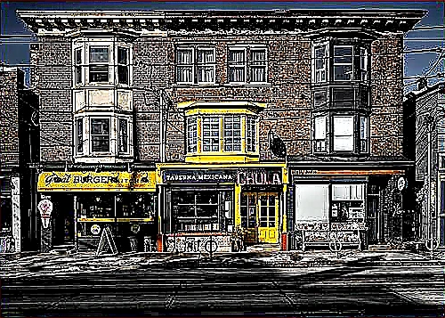 Sharp closing photo of a successful restaurant storefront glowing at dusk beside a brightly lit planning workspace with open growth binders