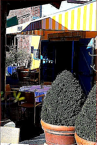Sharp closing photo of a successful restaurant storefront with warm evening light and a clear planning workspace visible inside