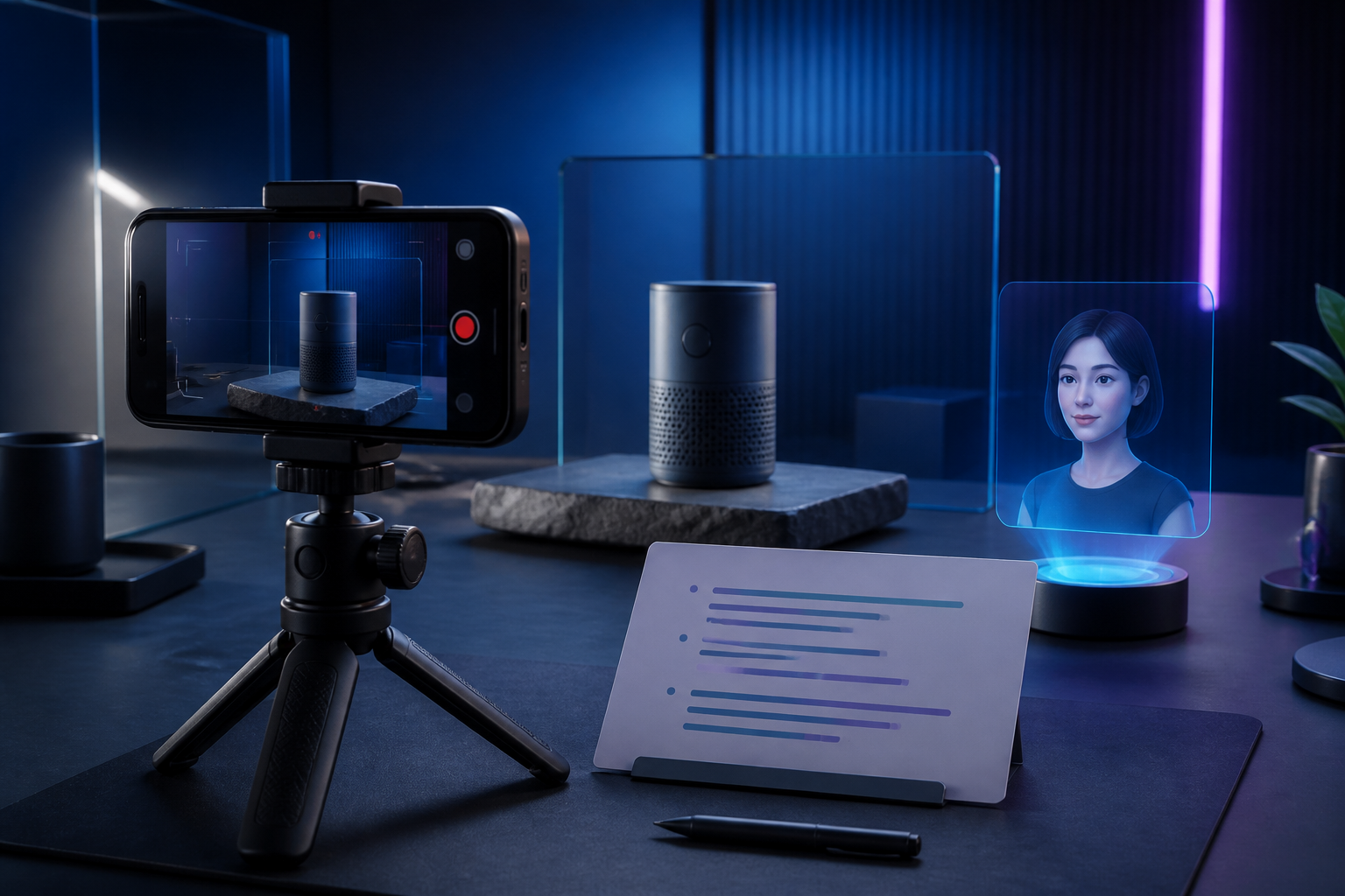 Phone-based product demonstration with an AI avatar and a concise video script