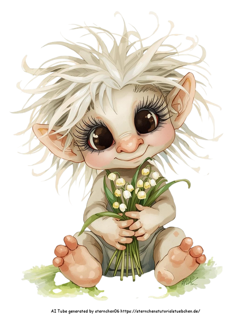 a whimsical cute troll with big eyes and long lashes, holding lily of the valley, aquarell painting,