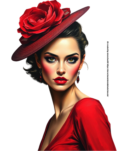 Bold acrylic painting a lady in a red dress and red flower fascinator depicted in a strong, moody st
