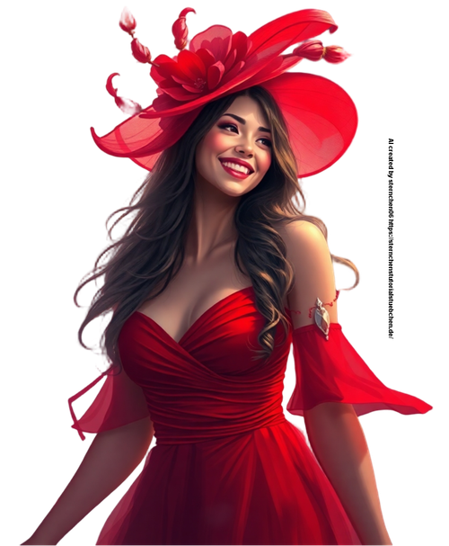 Vibrant digital painting a lively, energetic lady in a red dress and red flower fascinator within a 