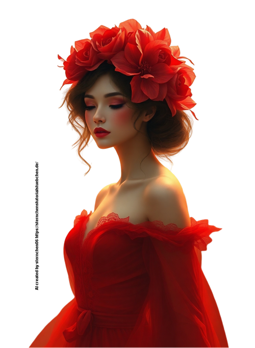 Ethereal digital painting a warm, spiritual scene featuring a lady in a red dress and red flower fas